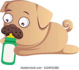 Pug with milk, illustration, vector on white background.