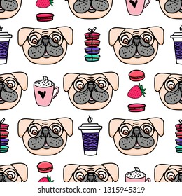 Pug with a mug of coffee and macaroons. Cozy style sketch seamless pattern. vector hand darwn isolated on white background.