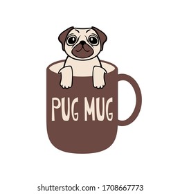 Cita graciosa de Pug Mug. Perro de pug dibujado a mano en la tapa, ilustración vectorial con dicho. Tarjeta, afiche, volante, pantalones-t, diseño de la superficie de la jarra. Elemento aislado sobre fondo blanco. 