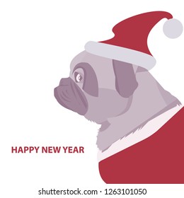 Pug in new year hat, happy new year card, funny adorable puppy wearing new year hat