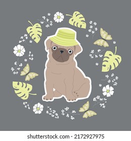 A pug in a panama hat is drinking a cocktail. Cute print with monstera leaves, flowers and butterflies. Vector illustration for children.
