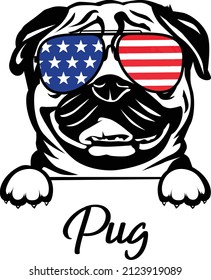 Pug Peeking Dog And Paws With Sunglasses American Flag Vector Image Pug Outlines