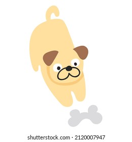 Pug playing with bone. Vector hand drawn illustration on white background.