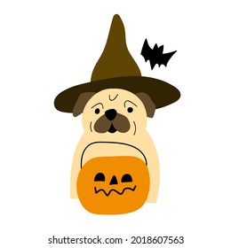 Pug with pumpkin bucket. Halloween concept. Vector illustration on white background