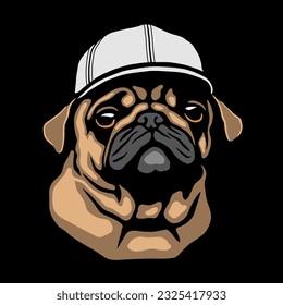 Pug puppy in a baseball cap on a dark background.