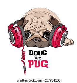 Pug Puppy in a bright red Headphones. Vector illustration.