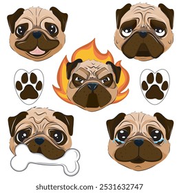 pug, pug puppy, dog portrait, happy pug, happy dog, character, sticker, social network, dog emotions, emotions, anger, angry pug, angry dog, fire