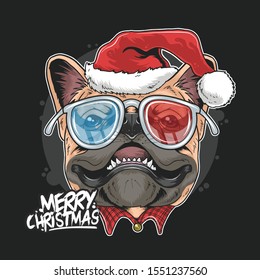 PUG PUPPY DOG SANTA CLAUS CHRISTMAS CUTE FACE ARTWORK VECTOR EDITABLE LAYERS