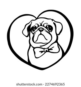 pug puppy heart shaped line art vector