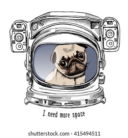 Pug puppy portrait in a Astronaut's Helmet. Vector illustration.