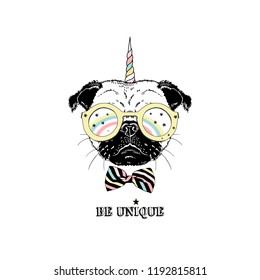 Pug puppy portrait wearing bright colored Unicorn accessories. T-shirt print. Hand drawn vector illustration.