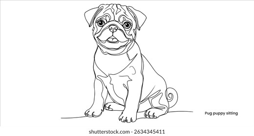 Pug puppy sitting continuous single line art drawing sketch on white background	
