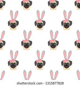 Pug with rabbit ears seamless pattern on a white background. Vector illustration
