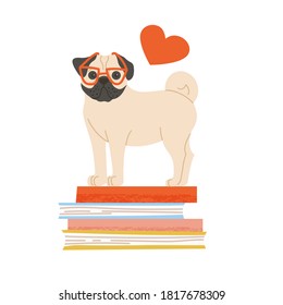 Сute pug in red glasses stands on the books. Vector portrait of pet hand drawing with silhouette heart.