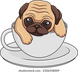 Pug relaxing on a cup of coffee