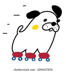 Pug ride fast on roller skates Outline vector hand drawn illustration on white background. 