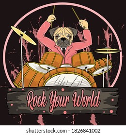Pug rock star wearing pink suit playing drum vector