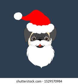 Pug in Santa Claus costume on the blue background. Vector illustration