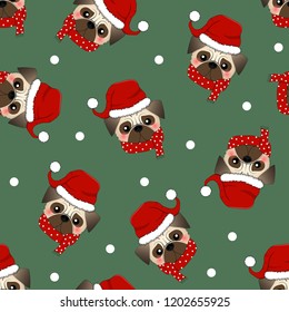 Pug Santa Claus Perro con bufanda roja en fondo verde. Ilustración vectorial.