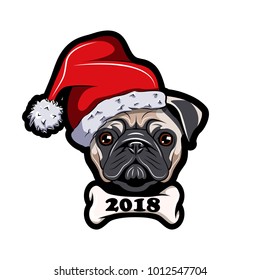 Pug in Santa hat, dog. New Year 2018. Vector illustration on white background.