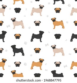 Pug seamless pattern. Different poses, coat colors set.  Vector illustration