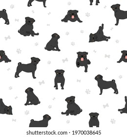 Pug seamless pattern. Different poses, coat colors set.  Vector illustration