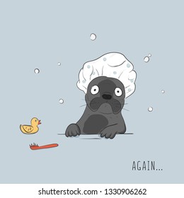 Pug in shower funny vector doodle art. Isolated scandinavian cartoon illustrations. Cute dog with duch don't want to wash paws nursery decoration