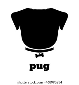 Pug silhouette with bone on the collar. Good for textile and paper print, card, poster, another design. Cute funny dog icon vector illustration. Pet love theme.