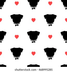 Pug silhouette with bone on the collar and pink heart seamless pattern. Good for textile and paper print, card, poster, another design. Cute funny dog love vector illustration. Pet logo.