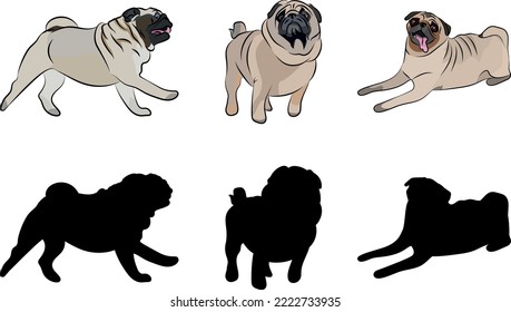 Pug silhouettes. Running 
pug, laying, stand. Cute walking dogs characters in various poses, design for print, cute cartoon vector set, in different poses. One color design. Cute dog. Man friend.