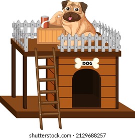Pug Sitting On The Roof Of Doghouse Illustration