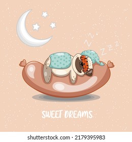 The pug is sleeping on the sausage. Illustration for children. Vector illustration.