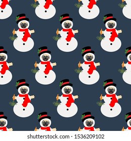 Pug in snowman costume seamless pattern on the blue background. Vector illustration