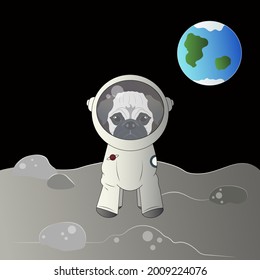 Pug in a spacesuit on the Moon. 