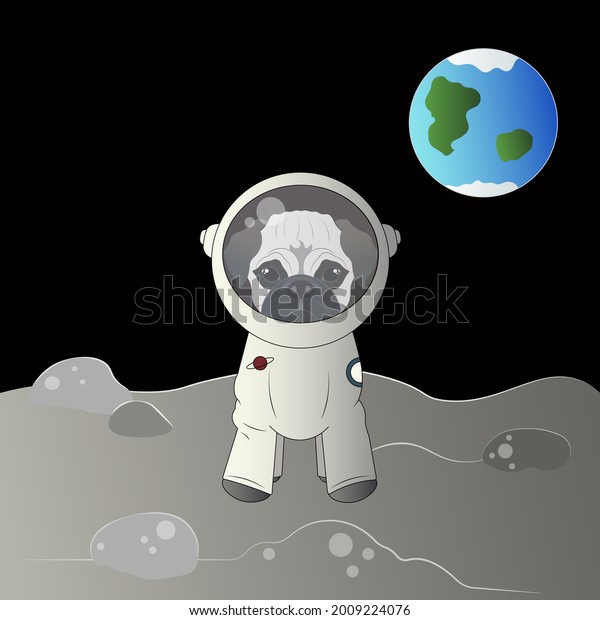 Pug in a spacesuit on the\
Moon. 