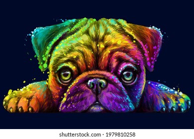 Pug. Sticker Design. Abstract, Multicolored, Neon portrait of the head of a pug breed dog on a dark blue background  the style of pop art. Digital vector graphics. Background on a separate layer.