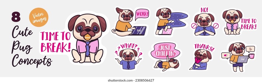 Pug stickers concept with character situations set. Vector illustrations in flat web design