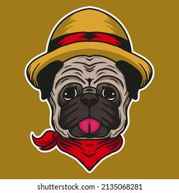 Pug With Straw Hat and Red Bandana Hand Drawn Vector Illustration