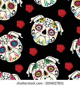 Calavera de azúcar Pug Día de los muertos Día de los Muertos patrón sin fisuras