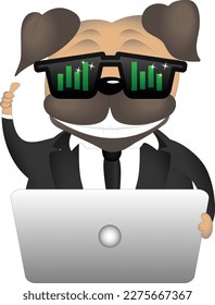a pug in a suit with a computer and glasses on the stock exchange