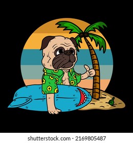 Pug Surf Board Vector Illustration