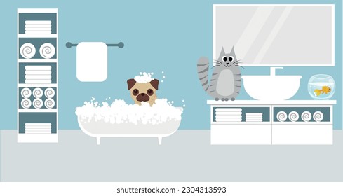 pug takes a bubble bath. the puppy is bathing in a white bathtub, the cat is sitting near the sink, the aquarium is in the bathroom. svg