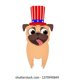 Pug In Uncle Sam Hat.  4th Of July Patriotic Independence Day Of USA. Cute Dog In Patriotic Hat.