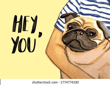 Pug vector illustration. favorite pet. funny animal. serious dog sketch. Lettering hey you. Yellow background. Texture paint gouache 
