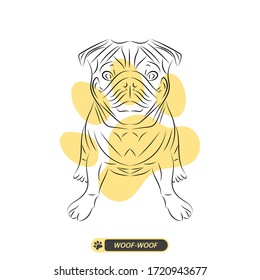 Pug vector line art illustration, isolated on white, with yellow dog paw
