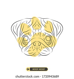 Pug vector line art illustration, isolated on white, with yellow dog paw
