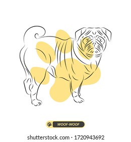 Pug vector line art illustration, isolated on white, with yellow dog paw
