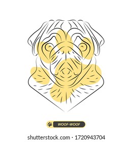 Pug vector line art illustration, isolated on white, with yellow dog paw