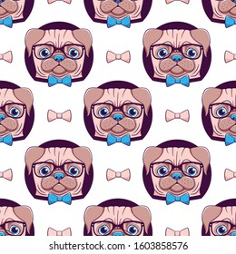 Pug vector seamless pattern, hipster designed dog in glasses and bow tie