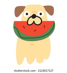 Pug with watermelon. Hand drawn vector illustration on white background.